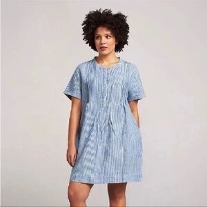 Faherty Gemina Pintuck Short Sleeve Linen Blend Shirt Dress In Blue Stripe Sz M